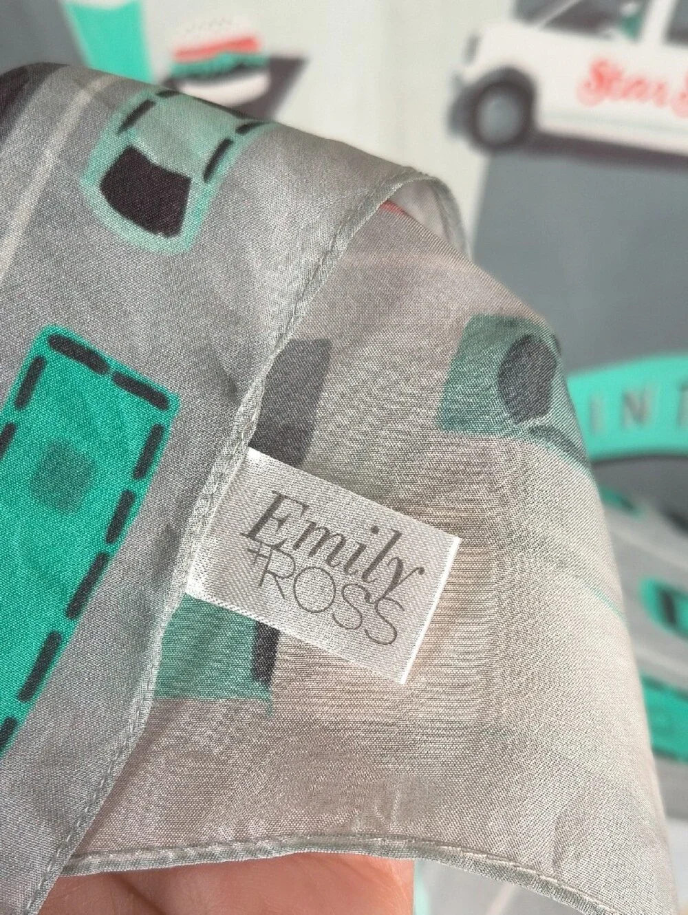 Emily Ross Los Angeles Graphic Square Scarf in Teal & Gray Silk